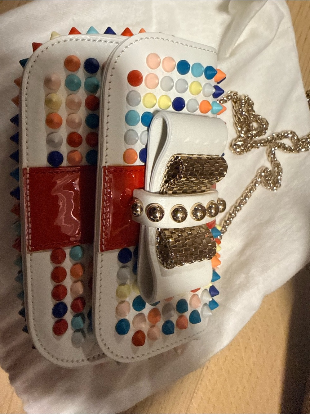 Christian Louboutin White Multicolor Studded Bow Chain Crossbody